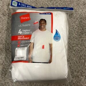 Hanes Ultimate T-Shirts 4-Pack XLT White Tall Man Tagless Cotton Crew Neck NEW